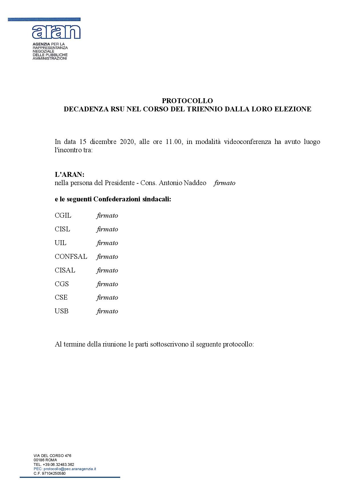 15.12.2020 Protocollo ARAN CONF su decadenza RSU in emergenza Covid page 001