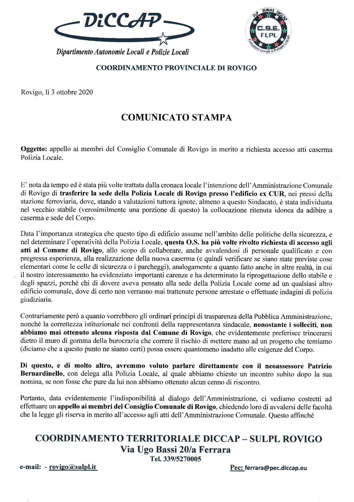 COMUNICATO STAMAP Sulpl Rovigo appello 20ai 20consiglieri 20comunali 20per 20caserma 20PL page 001