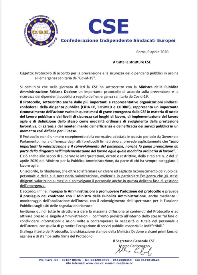CSE PROTOCOLLO PREVENZIONE E SICUREZZA DIPENDENTI PUBBLICI IN ORDINE ALLEMERGENZA SANITARIA COVID 19