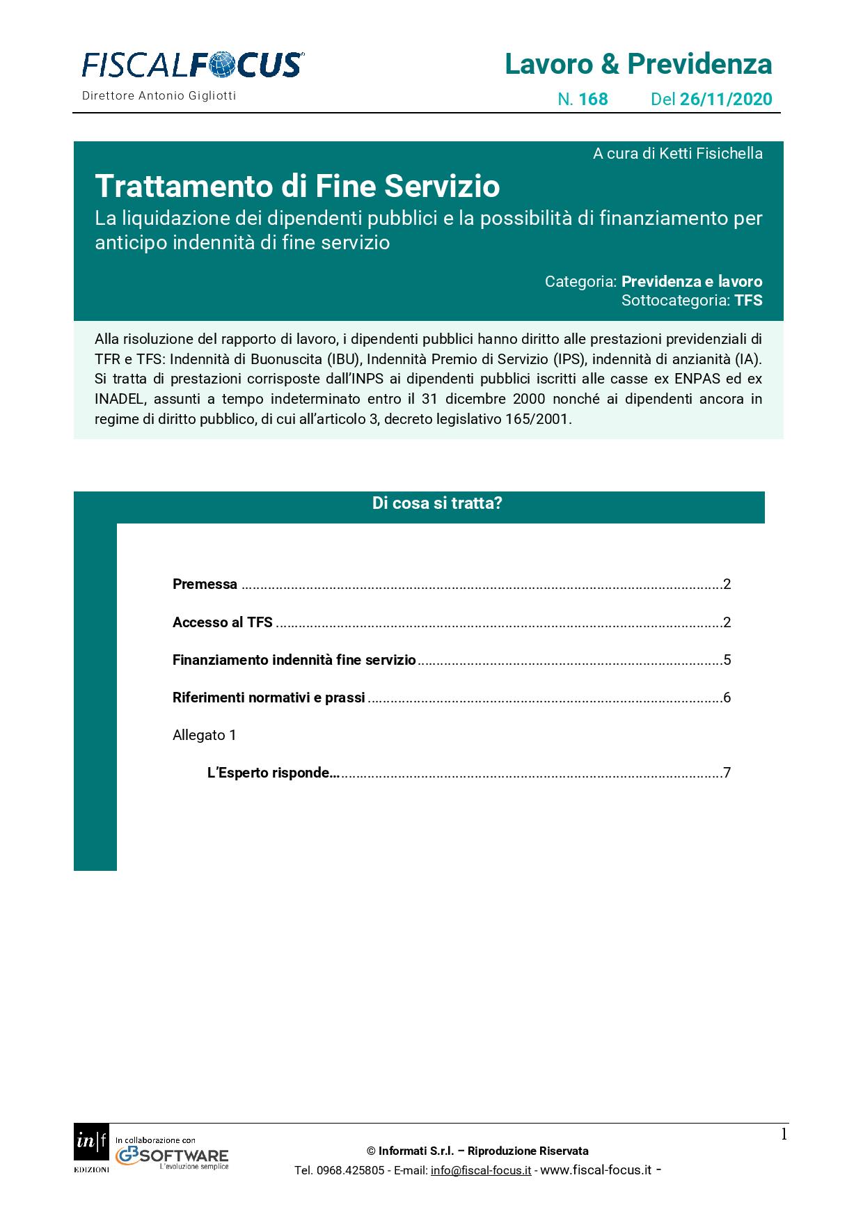 Lavoro e Previdenza n. 168 del 26.11.2020 TFS dipendenti pubblici page 001