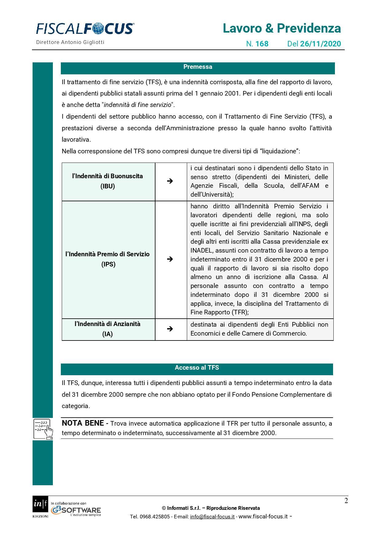 Lavoro e Previdenza n. 168 del 26.11.2020 TFS dipendenti pubblici page 002