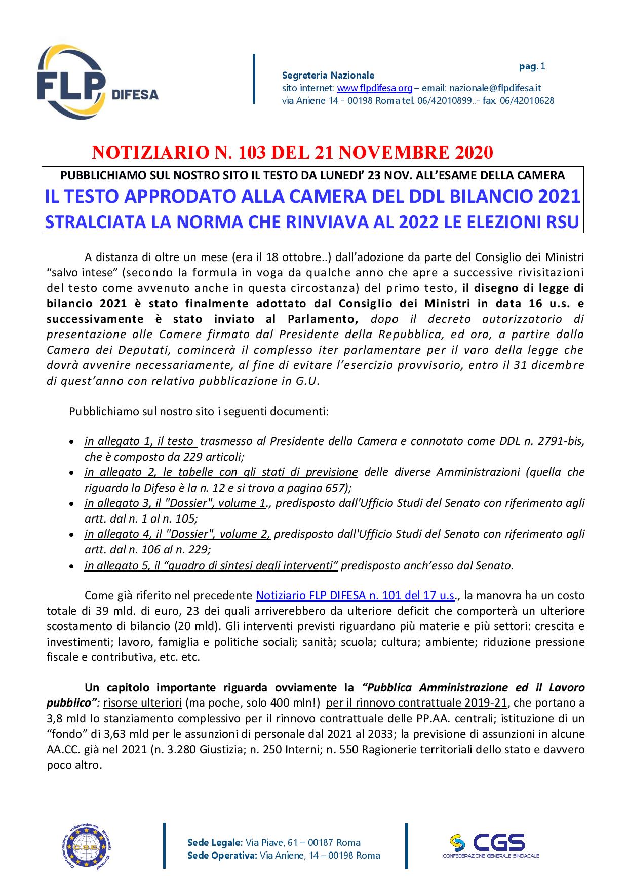 Notdif 103 21.11.2020 DDL A.C. 2791 bis articolato e altri documenti DDL Bilancio 2021 page 001