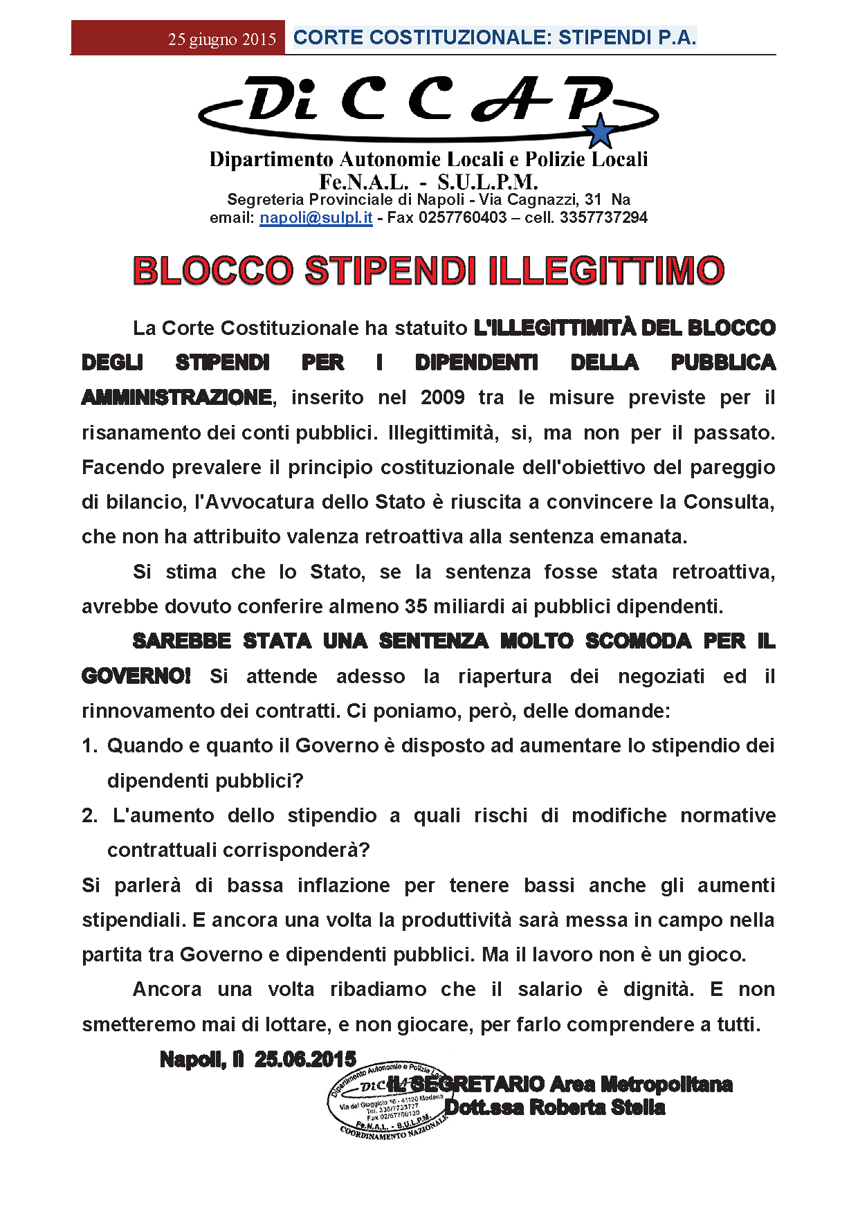 BLOCCO STIPENDI ILLEGITTIMO CONSULTA