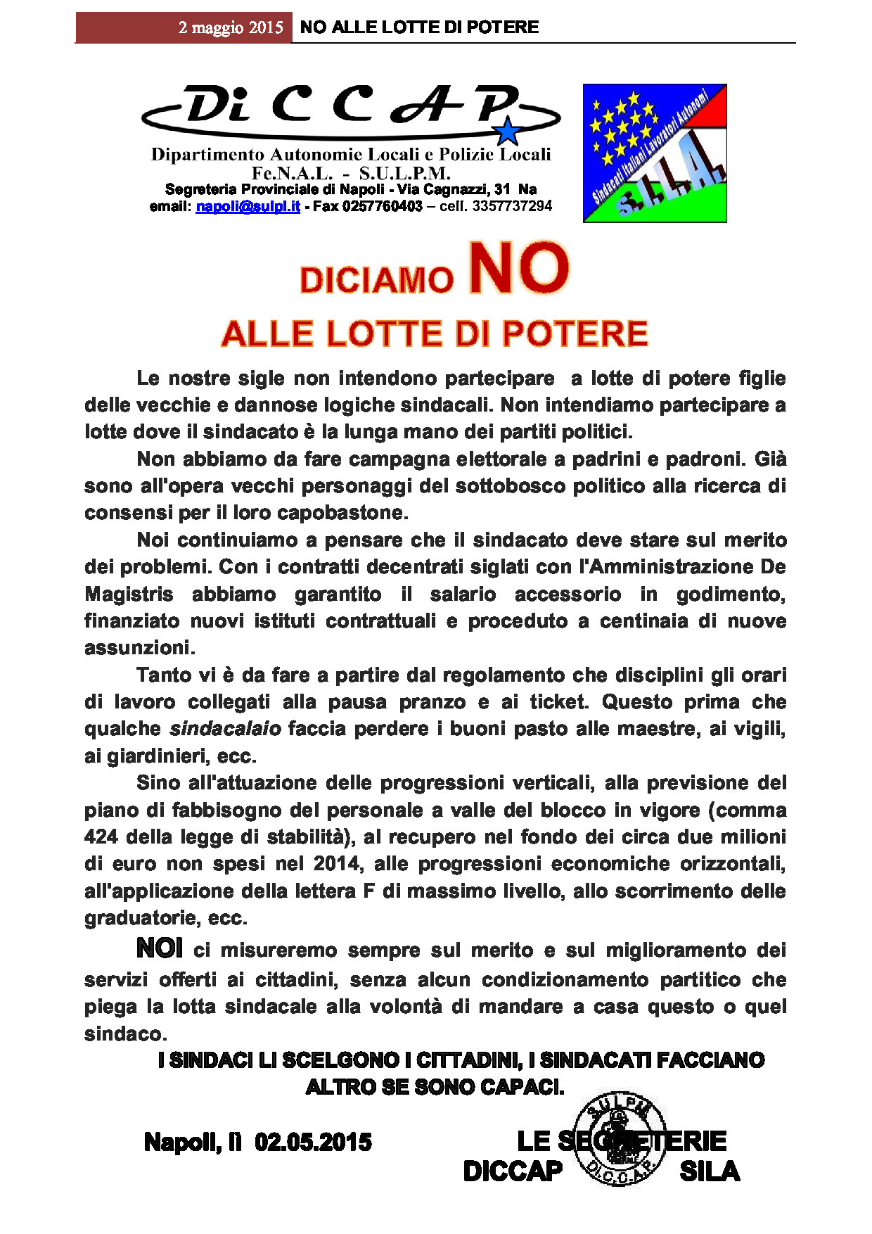 dicicmo no alle lotte di potere